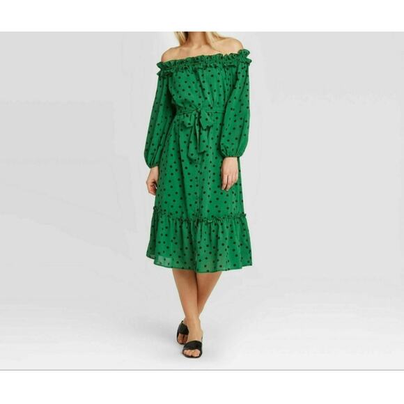 Who What Wear XS Off Shoulder Midi Dress Green Polka-Dot‎ Ruffled Tie-Waist New - Picture 1 of 8